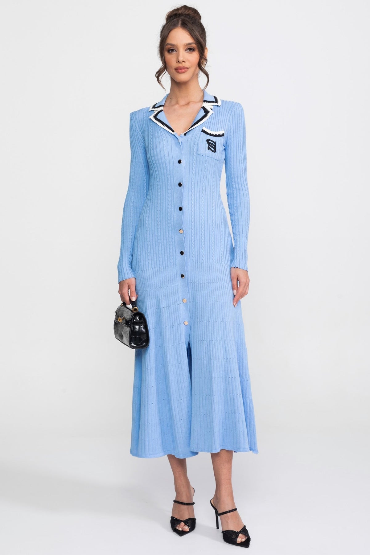 Ribbed Knit Polo Collar Long Sleeve Midi Dress with Monogram Pocket – Blue – view 2