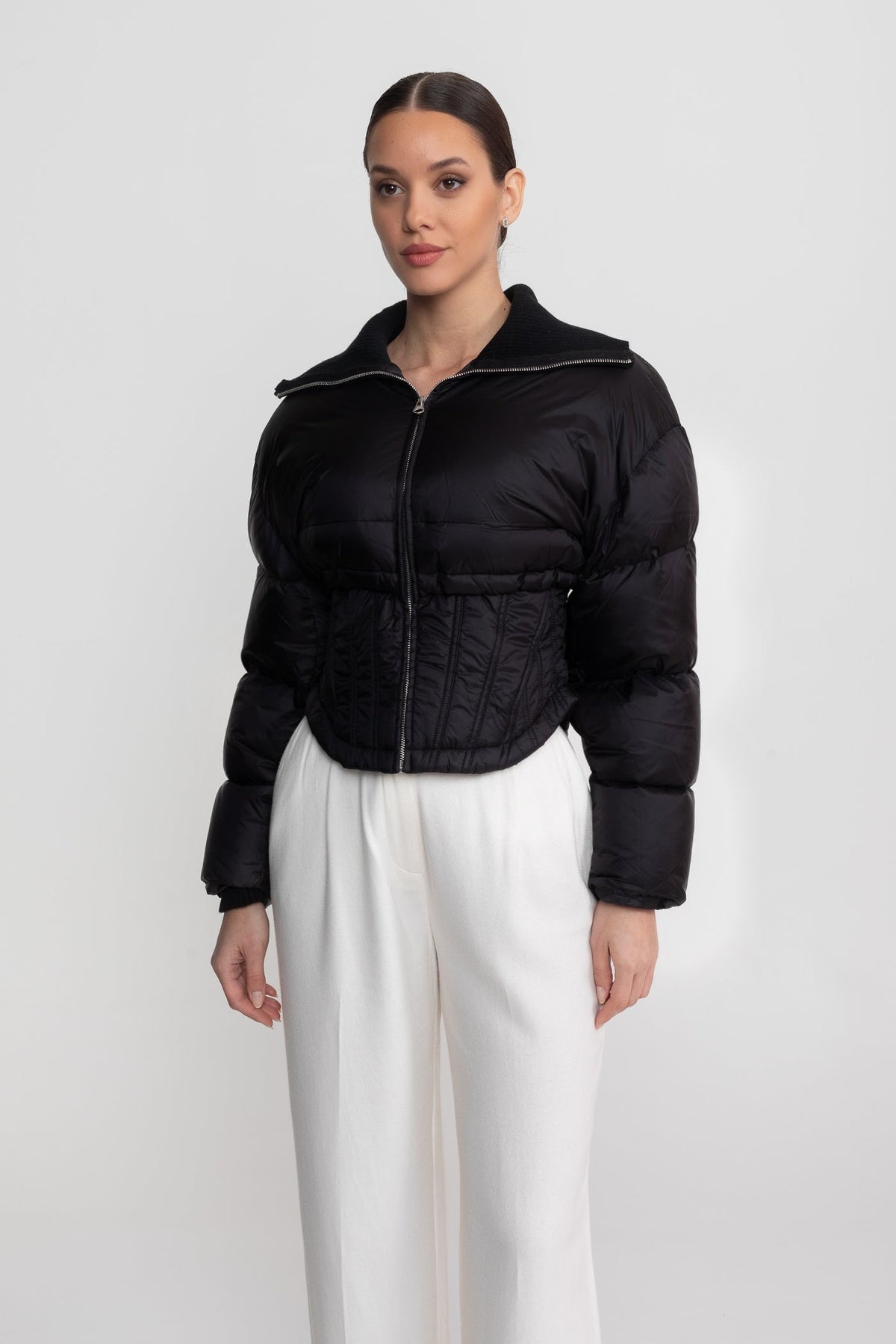 Cropped Puffer Jacket with Corset Waist and Stand Collar – Black – view 4
