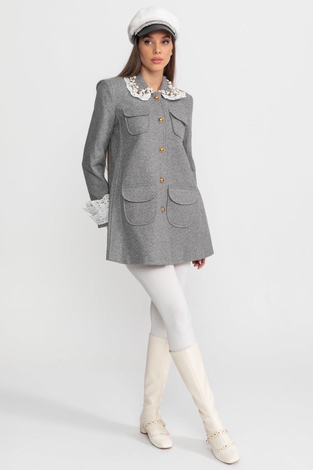 Flared Mini Coat with Pearl-Embellished Lace Collar – Grey – view 3