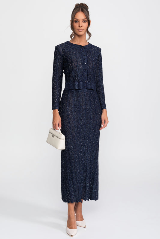 Diamond Pattern Lace Cropped Top and Maxi Skirt Co-ord Set – Navy