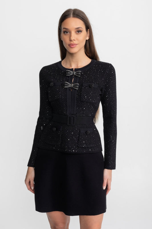 Embellished Tweed Cropped Jacket and A-Line Mini Skirt Set with Bows – Black