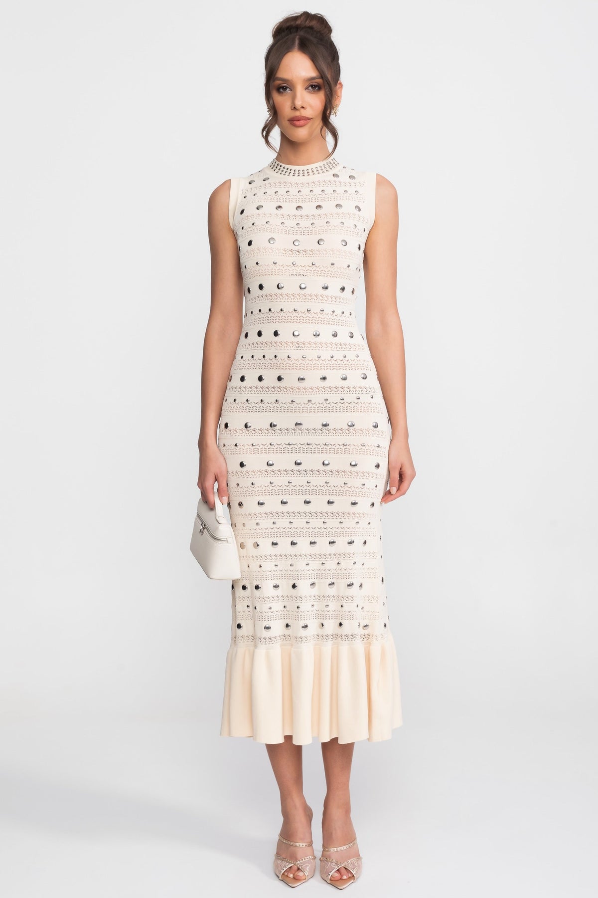 Embellished Open-Knit Mock Neck Sleeveless Midi Dress – Cream