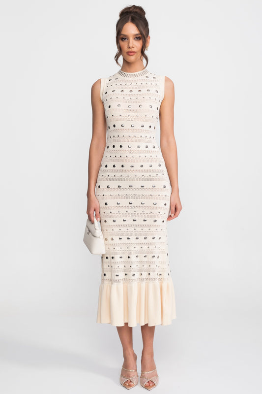 Embellished Open-Knit Mock Neck Sleeveless Midi Dress – Cream