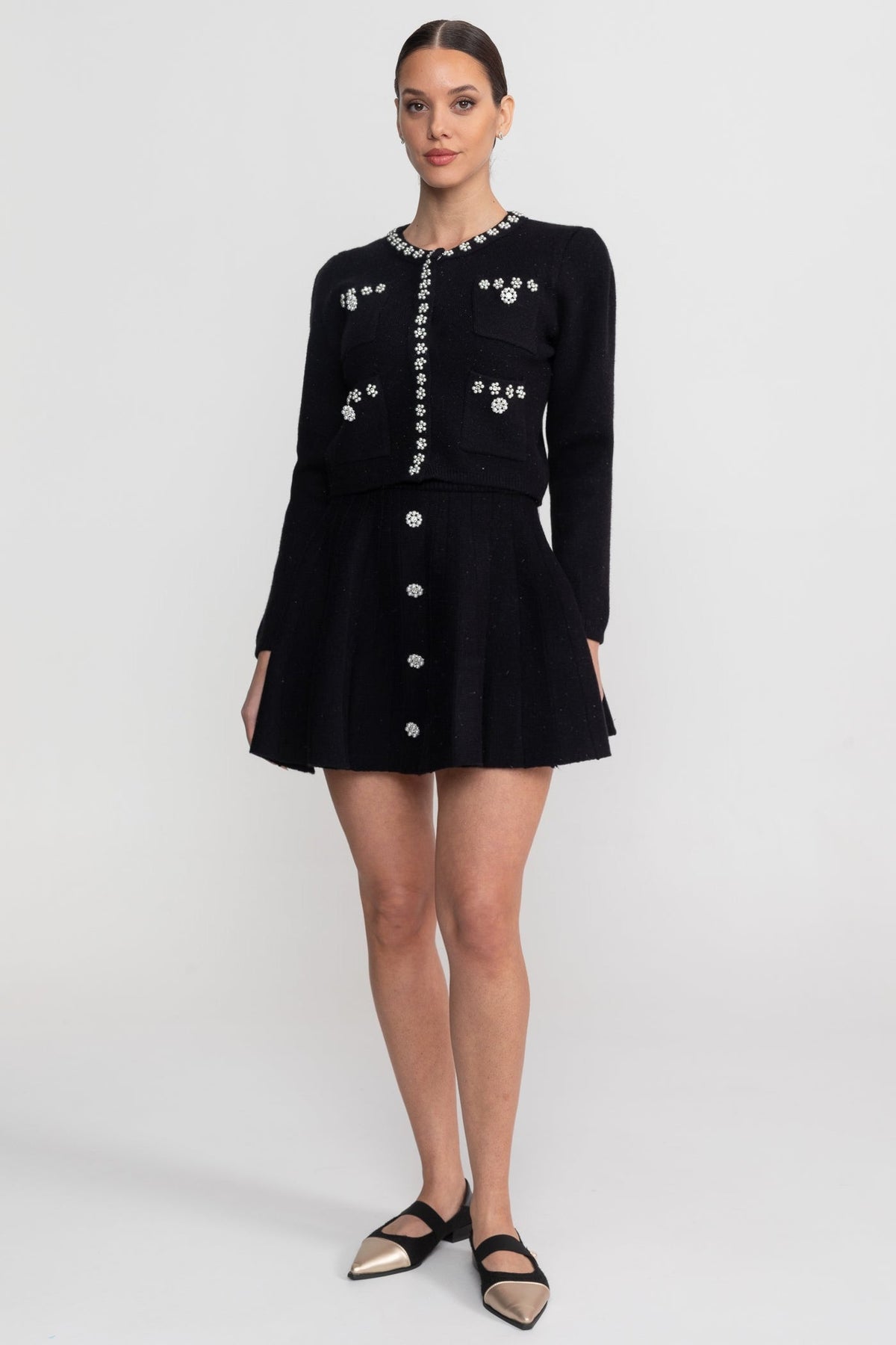 Crystal Embellished Knit Cardigan and Pleated Mini Skirt Set – Black – view 3