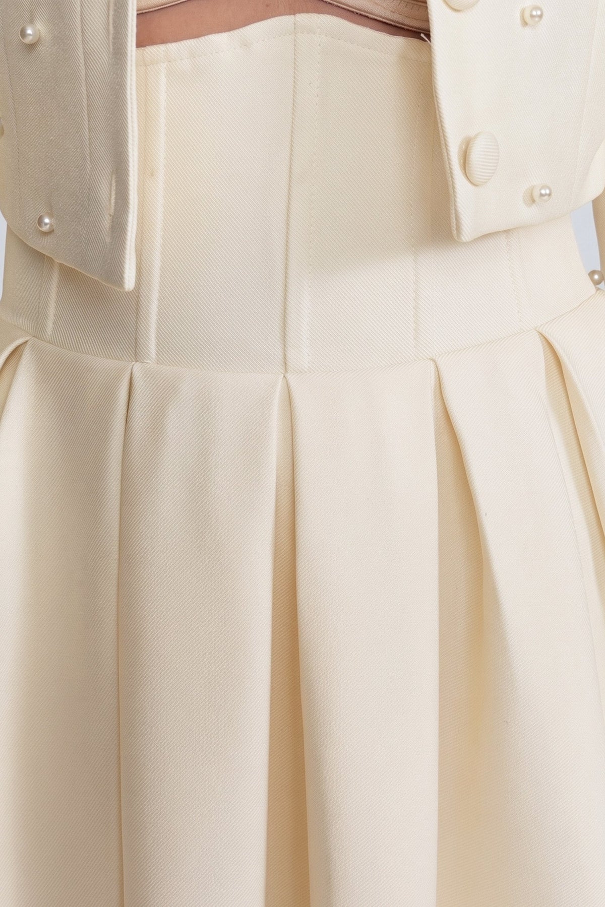 Pearl Embellished Cropped Jacket and Pleated Midi Skirt Set – Ivory – view 5