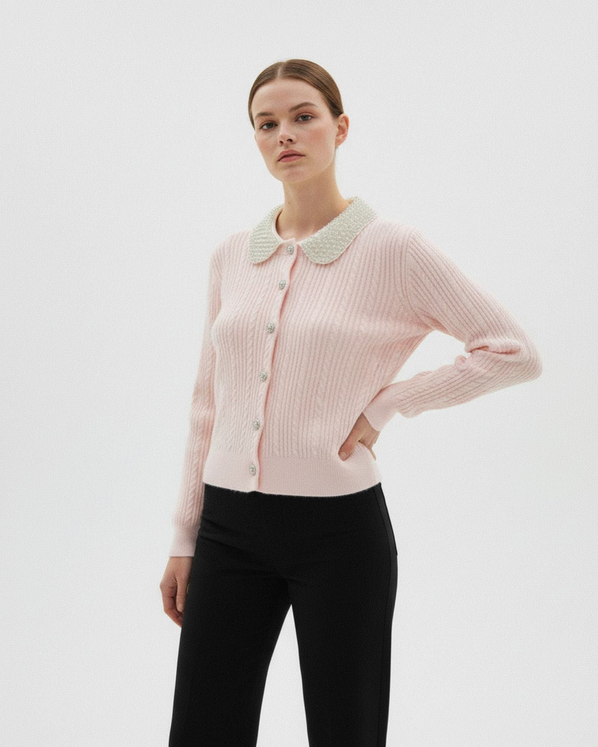 French Style V-Neck Cardigan with Mother-of-Pearl Buttons – view 4