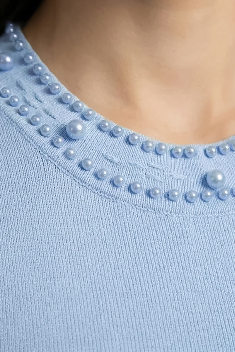 Cropped Knit Cardigan with Pearl Buttons and Embellishments – Blue – view 6