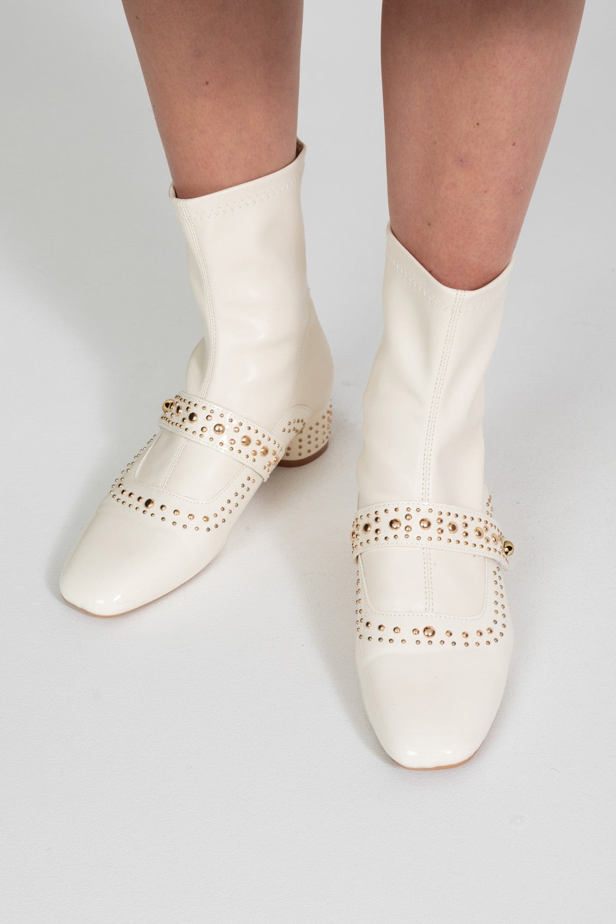 Studded Patent Ankle Boots with Adjustable Strap – Ivory – view 4
