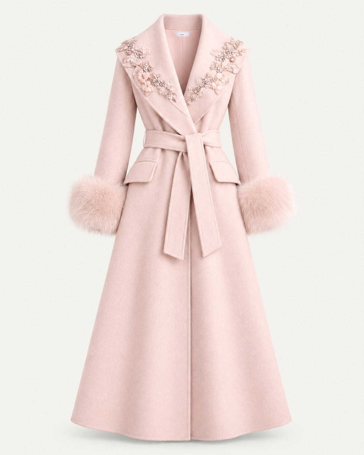 Hamptons Long Wool Cashmere Coat with Embellished Collar