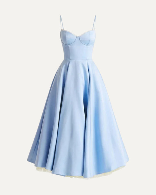 Giulia Duchess Satin Midi Dress with Tulle Underskirt – Light Blue