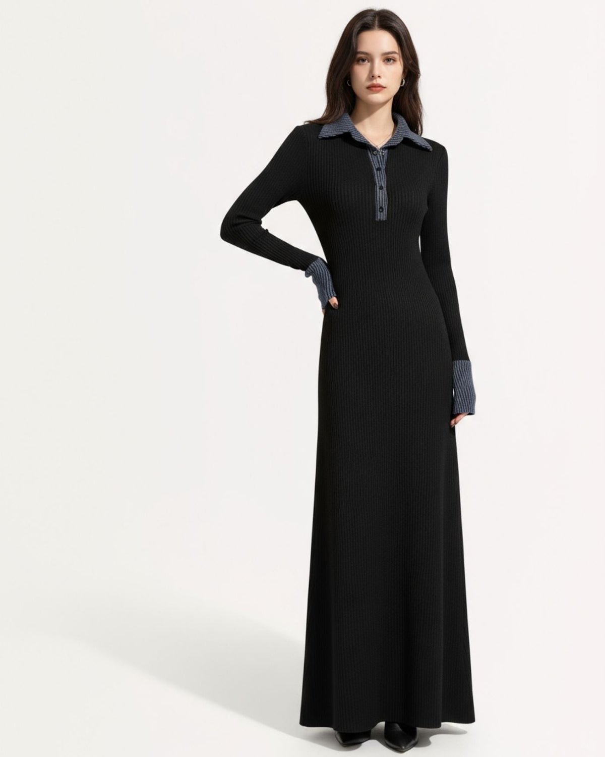 Retro Long Sleeve Polo Stretch Dress – Black with Blue Collar – view 3