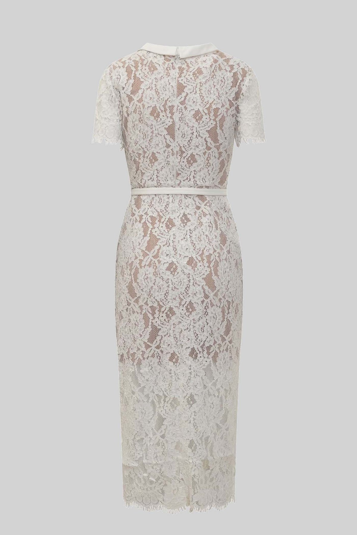 Short Sleeve High Collar Lace Dress with Matching Belt – White