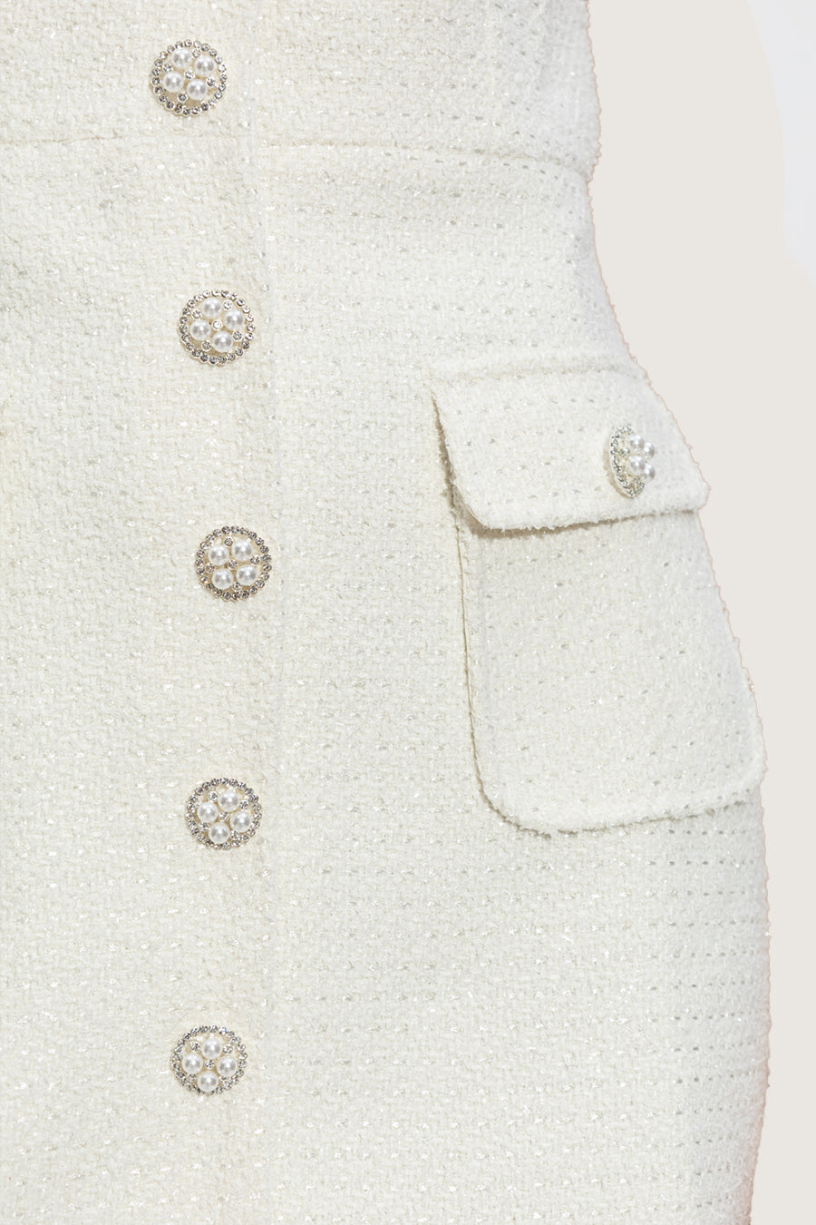 Sleeveless Textured V-Neck Dress with Pearl Buttons – White – view 19