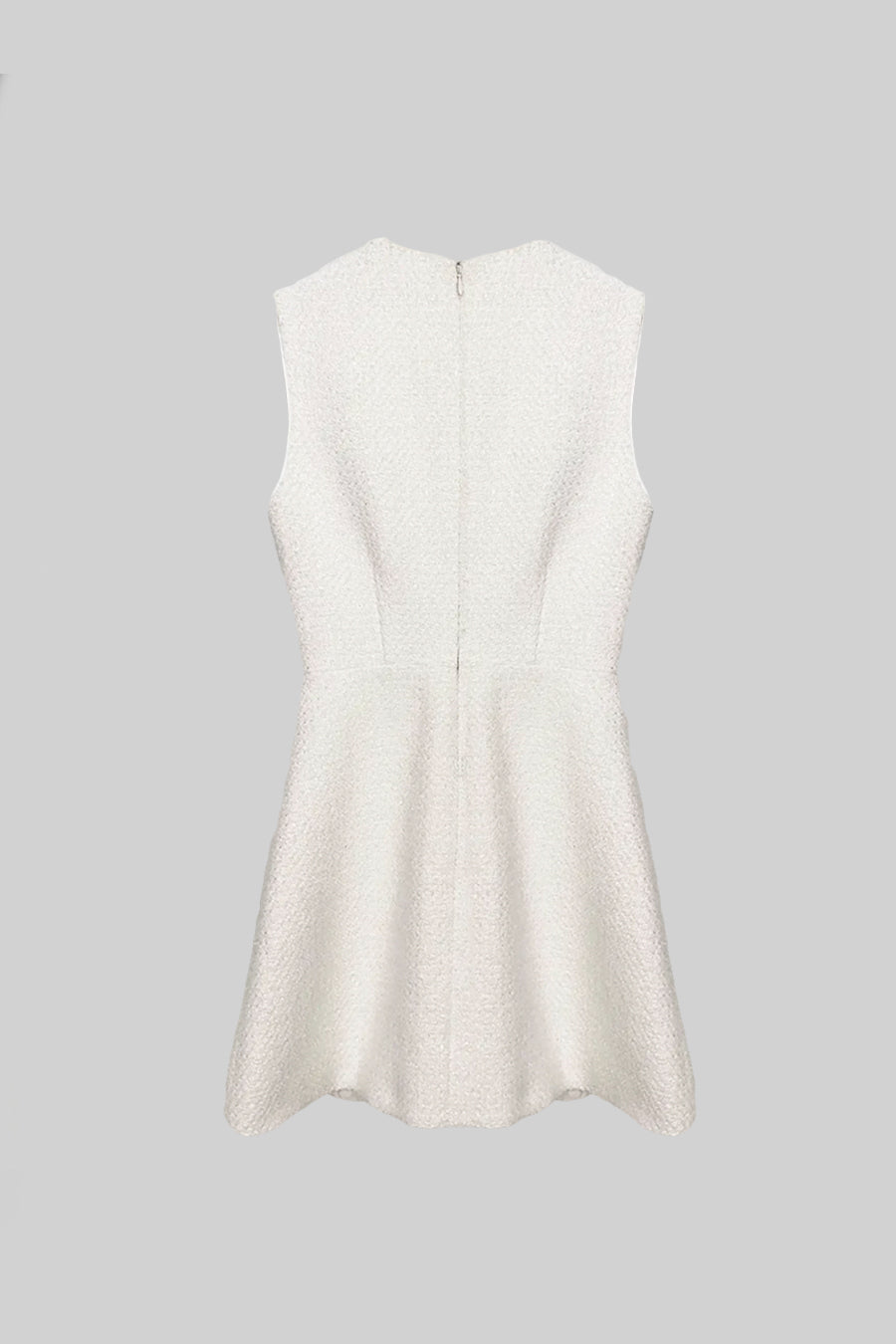 Sleeveless Textured V-Neck Dress with Pearl Buttons – White – view 17