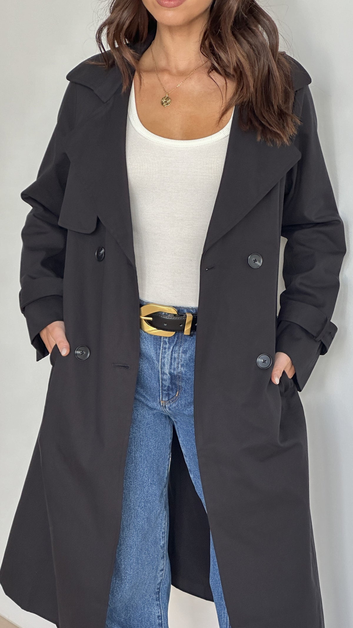 Byron Oversized Longline Cotton Trench Coat with Waist Tie – Black – view 20
