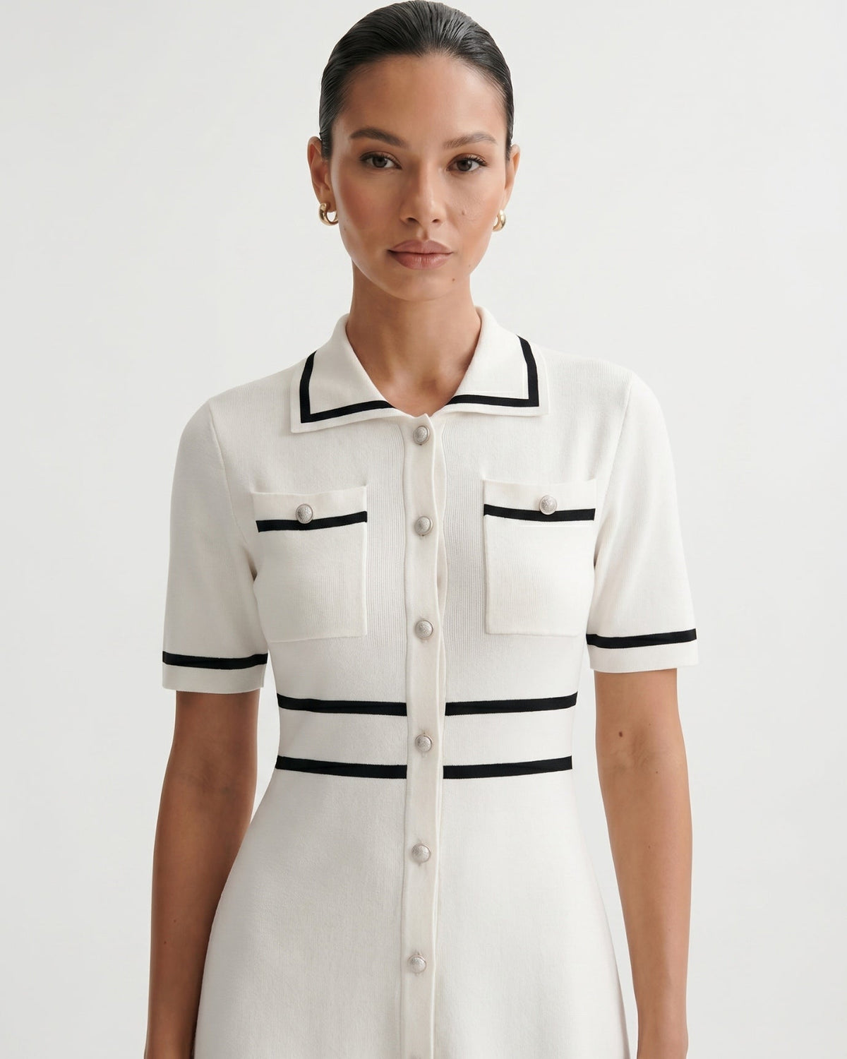 Old Money Knitted Polo Collar Tailored Dress – White
