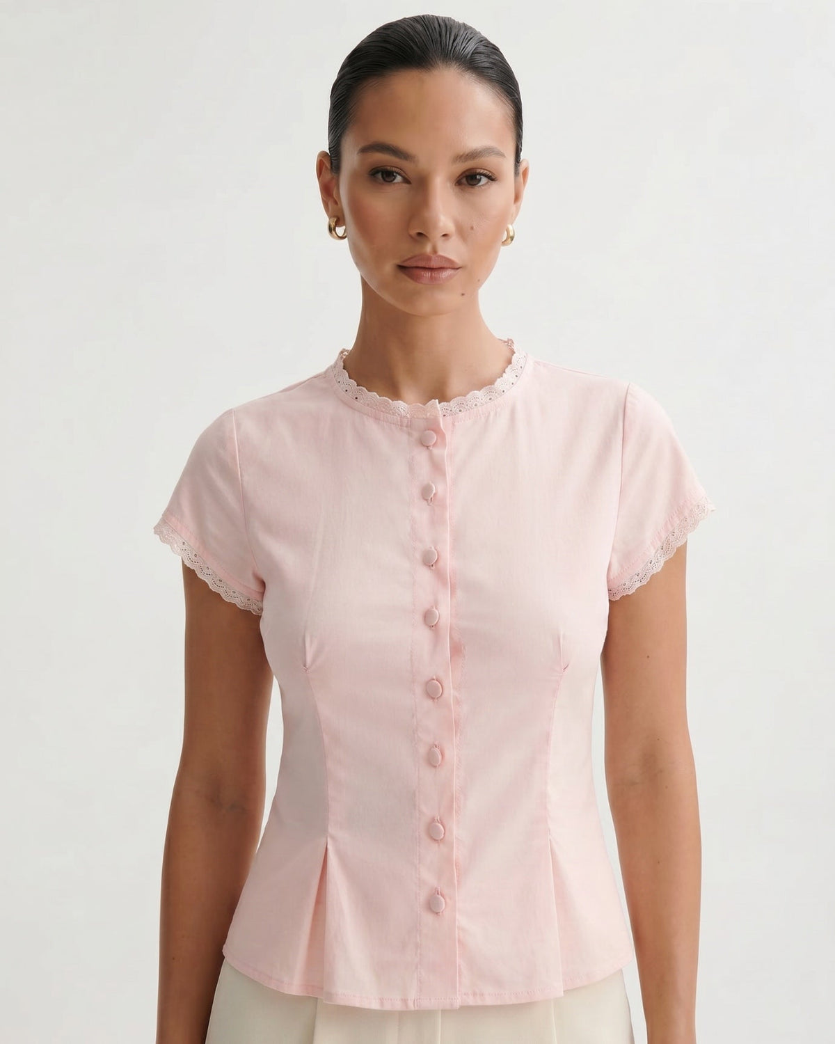 Round Neck Lace Shirt with Tailored Silhouette – Pink
