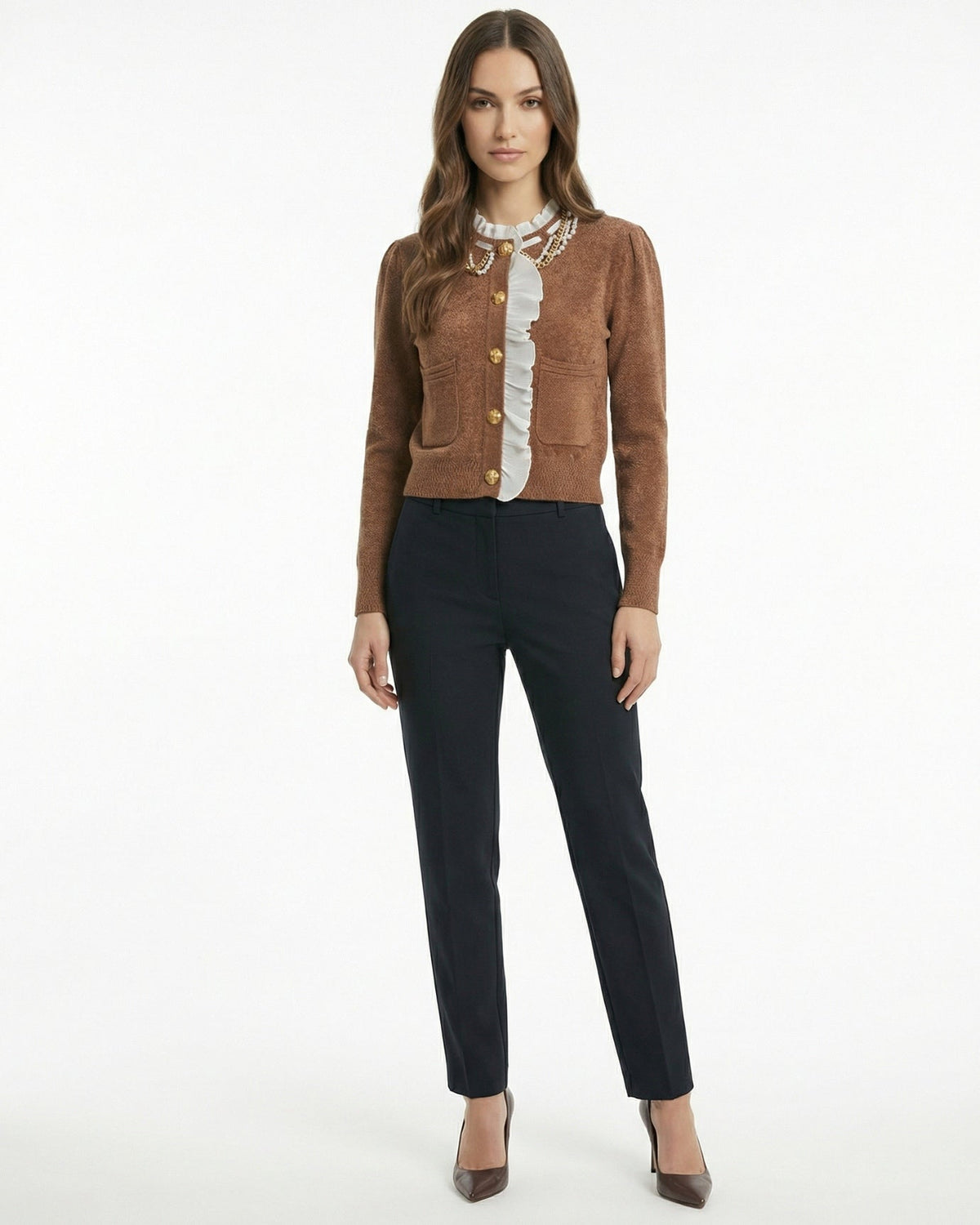 Pearl Button Wool Blend Cardigan with Contrast Stitching – view 2