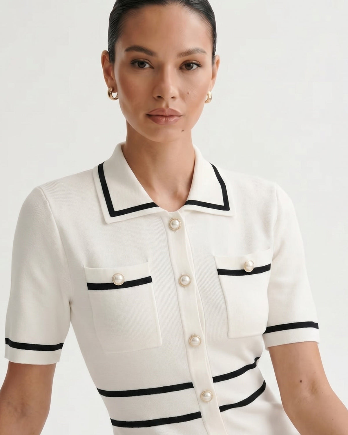 Old Money Knitted Polo Collar Tailored Dress – White – view 6