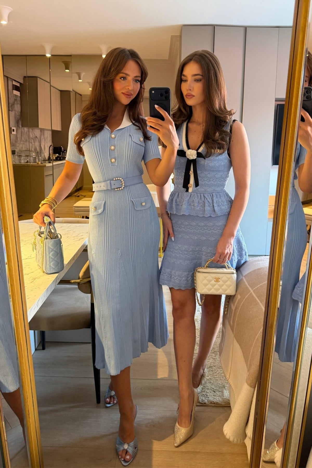 Sleeveless Knit Peplum Mini Dress with Contrast Trim and Bow – Light Blue – view 7