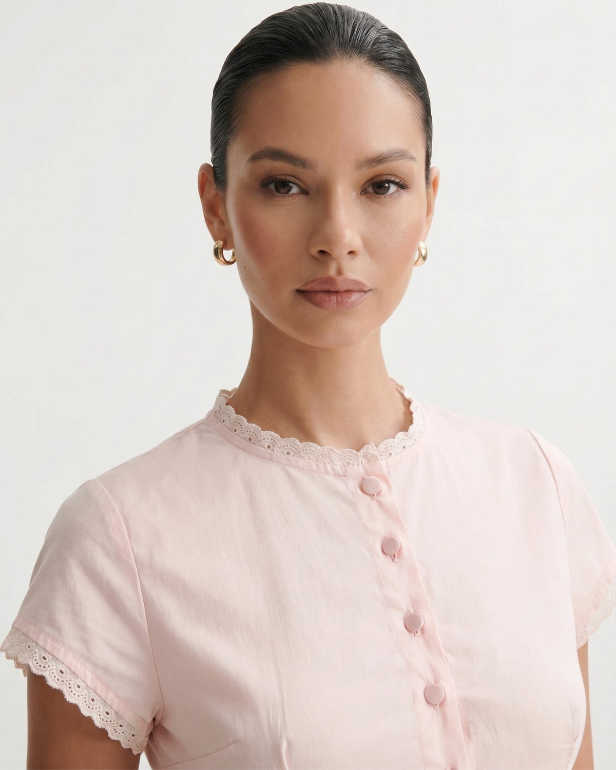 Round Neck Lace Shirt with Tailored Silhouette – Pink – view 4