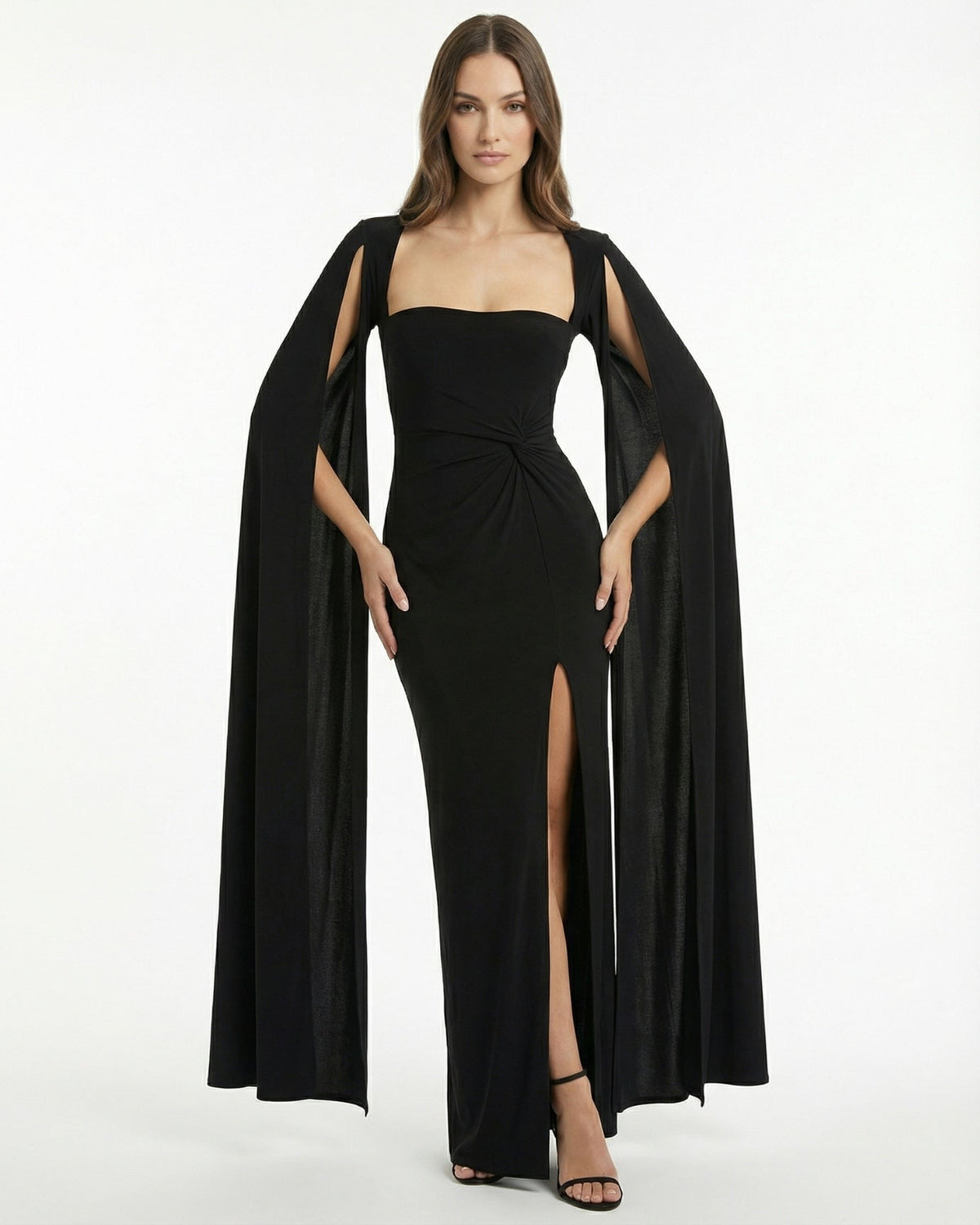 Square Neck Long Sleeve Satin-Finish Dress with High Side Slit – view 5