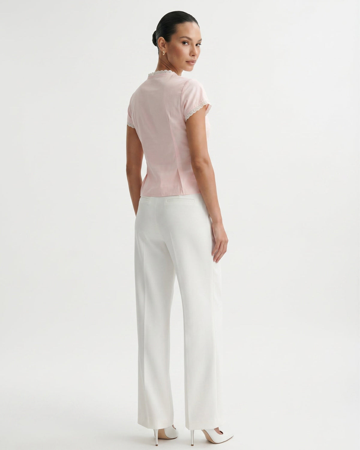Round Neck Lace Shirt with Tailored Silhouette – Pink – view 5