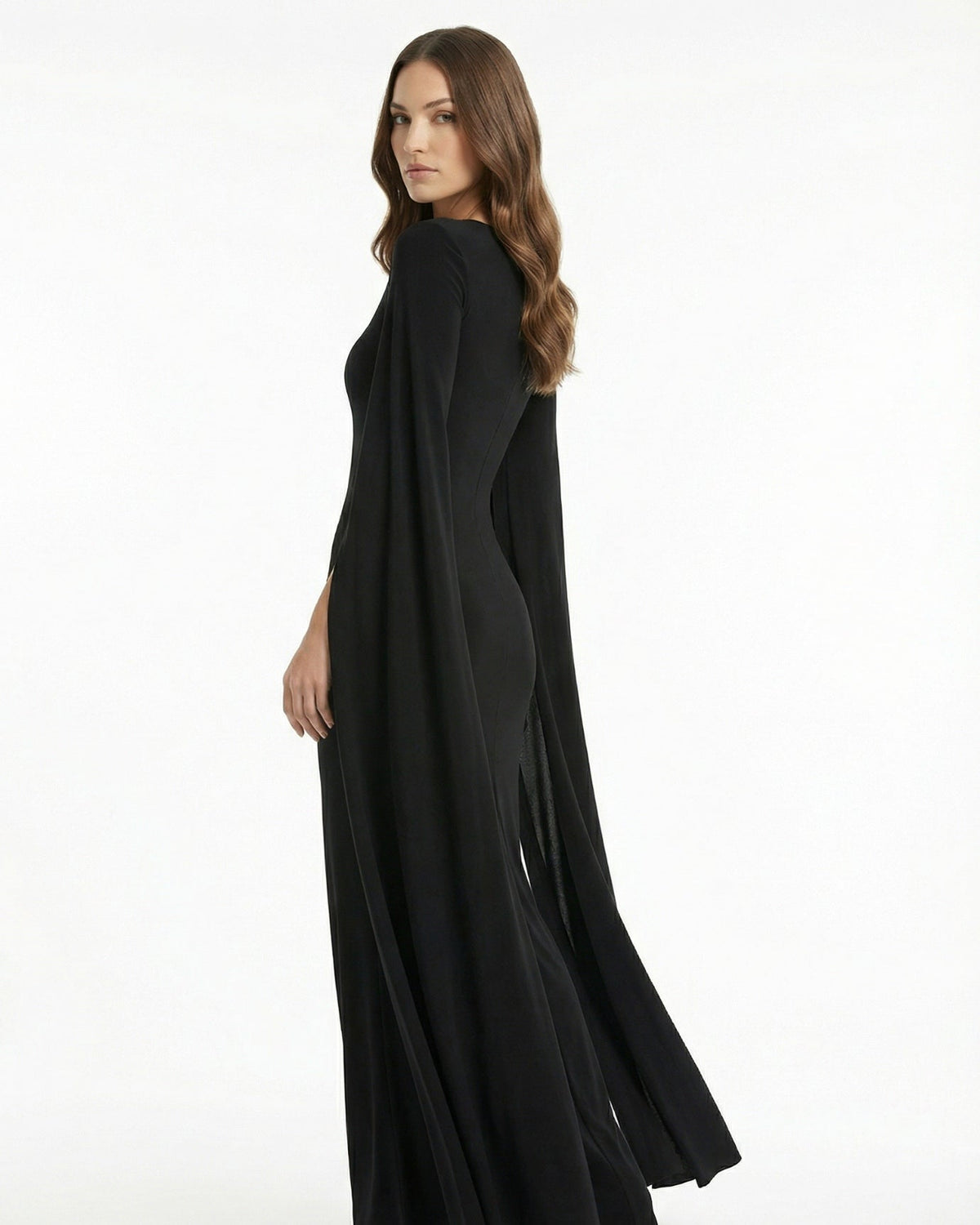 Square Neck Long Sleeve Satin-Finish Dress with High Side Slit
