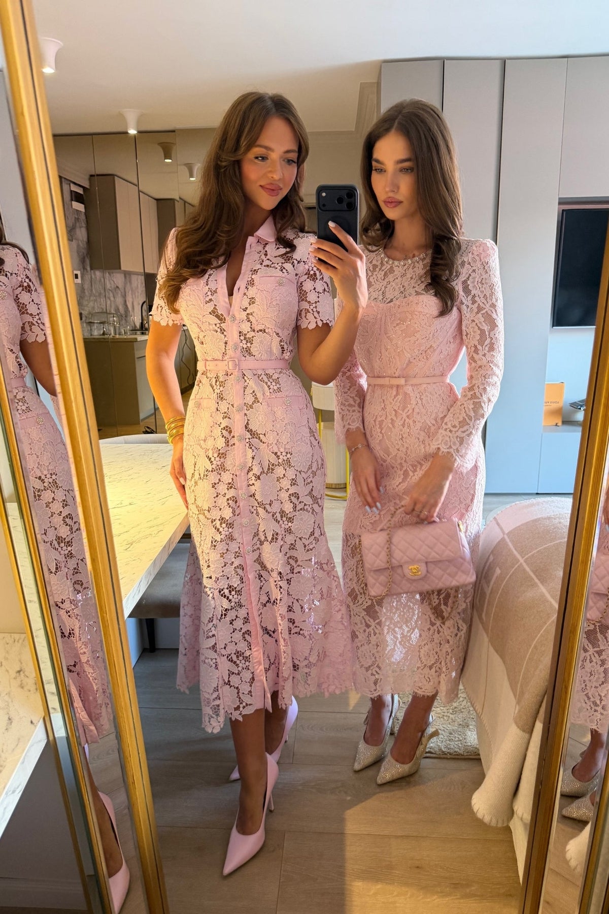 Lace Short Sleeve Collared Midi Dress with Belted Waist – Pink