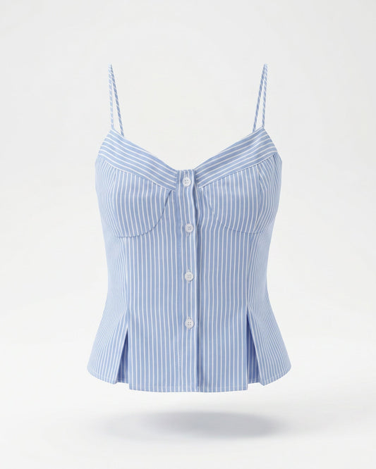 French-Inspired Striped Tailored Top in Cotton Blend – Blue