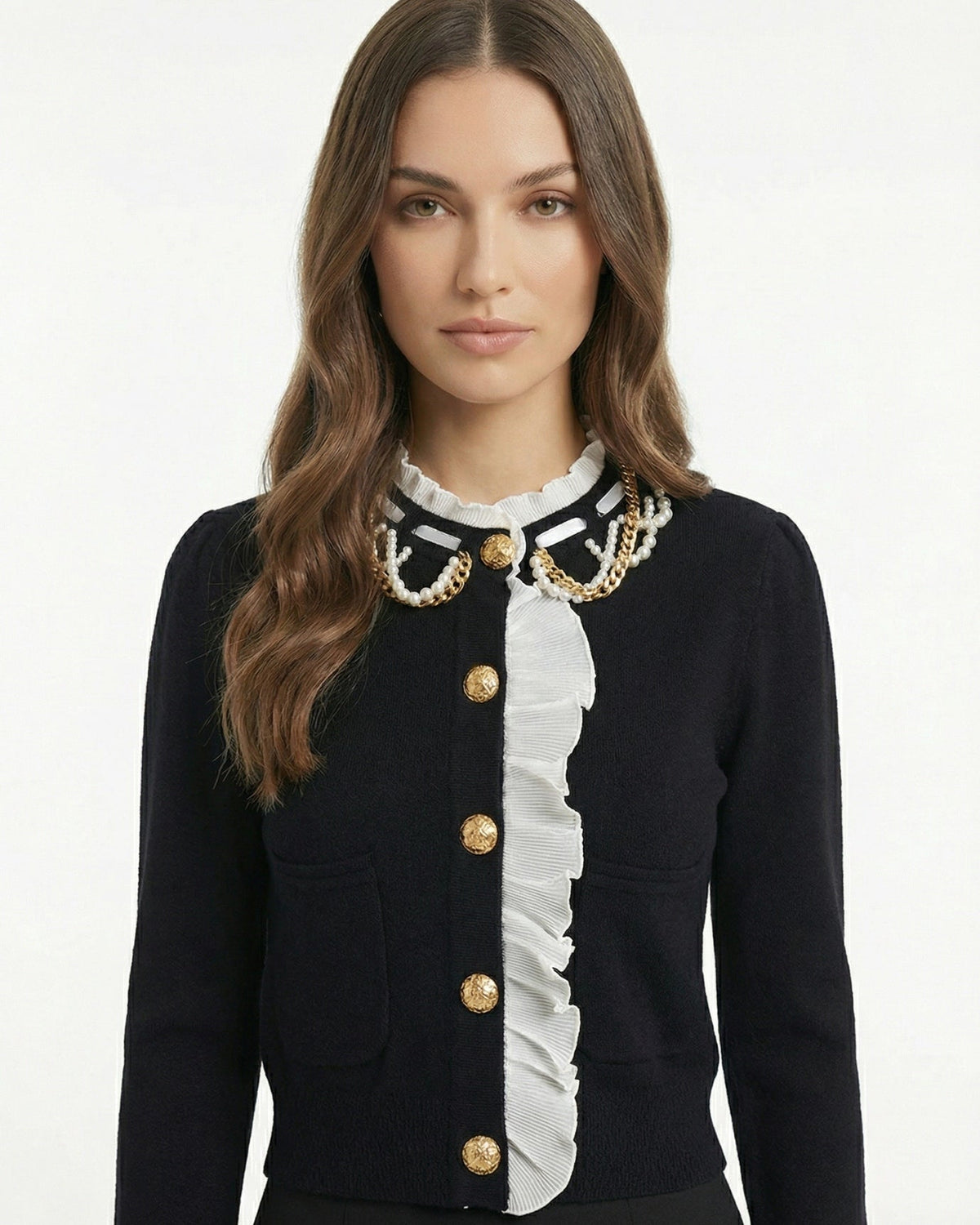 Pearl Button Wool Blend Cardigan with Contrast Stitching – view 8