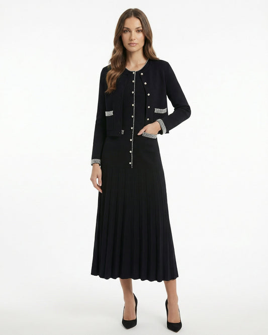 Lina Pearl Stud Knit Cardigan and Dress Two-Piece Set – Black