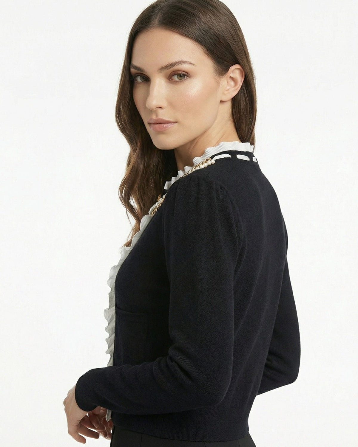 Pearl Button Wool Blend Cardigan with Contrast Stitching