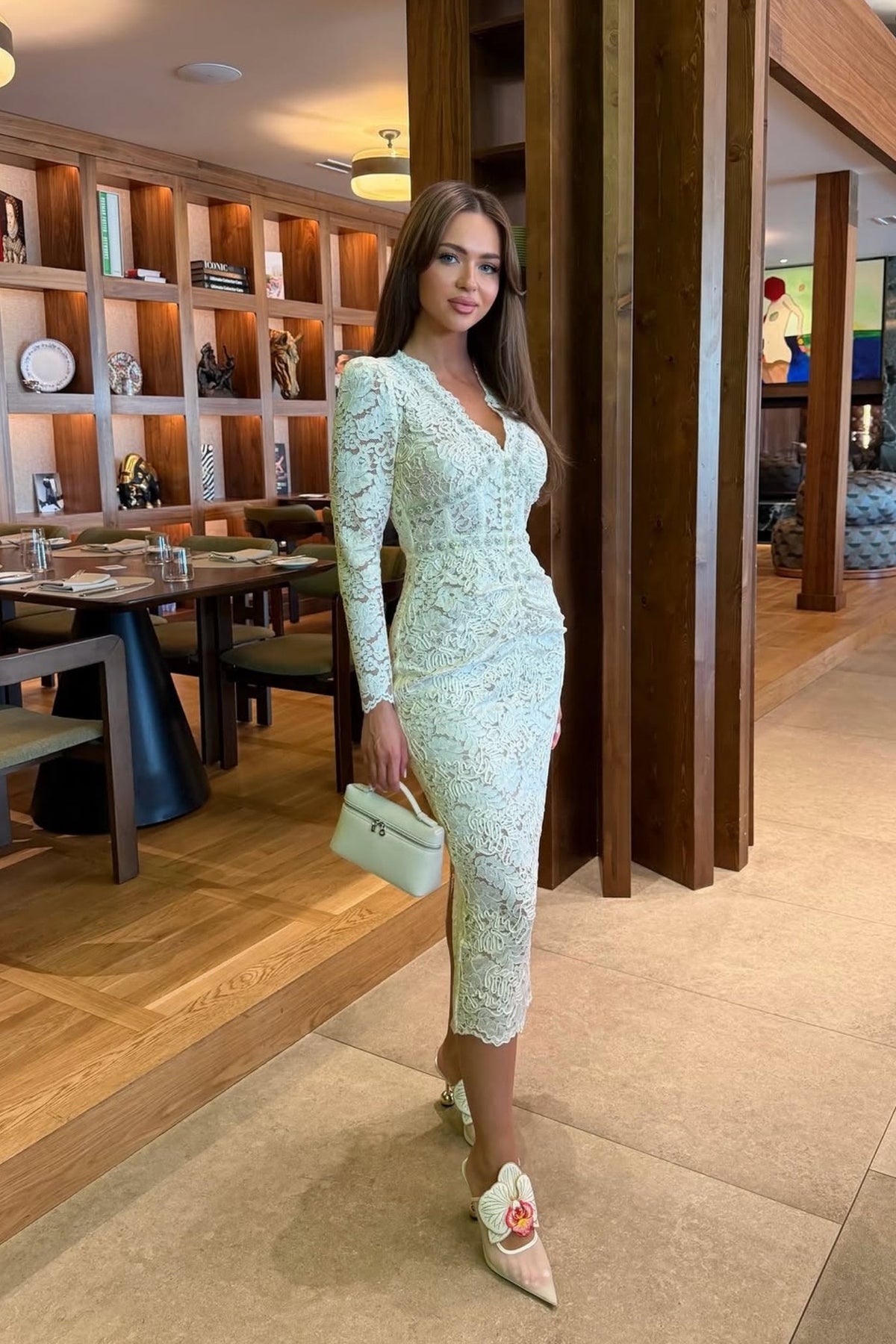 Lace Long Sleeve Dress with Crystal V-Neckline and Ruched Front – Ivory