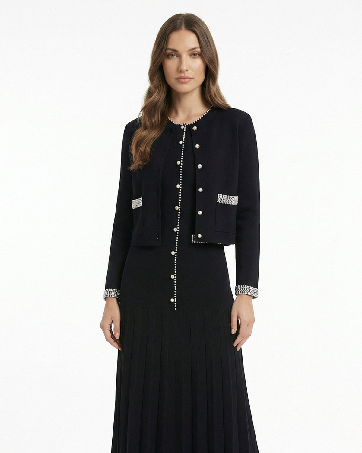 Lina Pearl Stud Knit Cardigan and Dress Two-Piece Set – Black – view 3