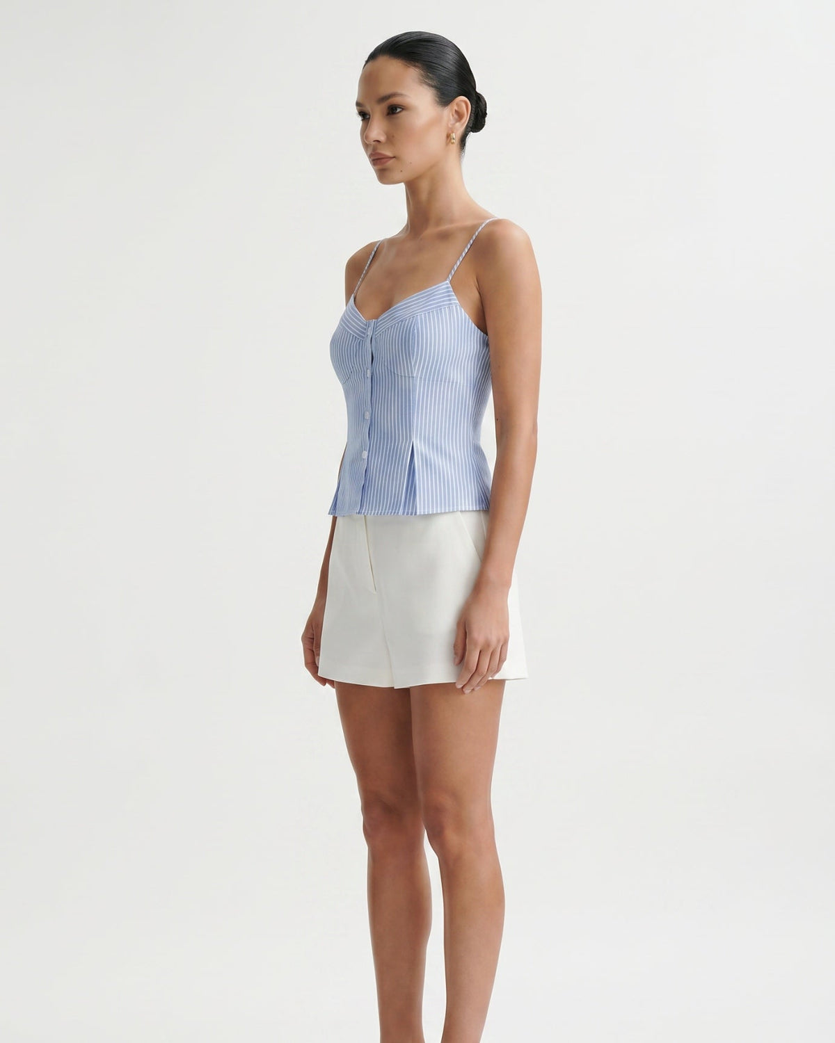 French-Inspired Striped Tailored Top in Cotton Blend – Blue