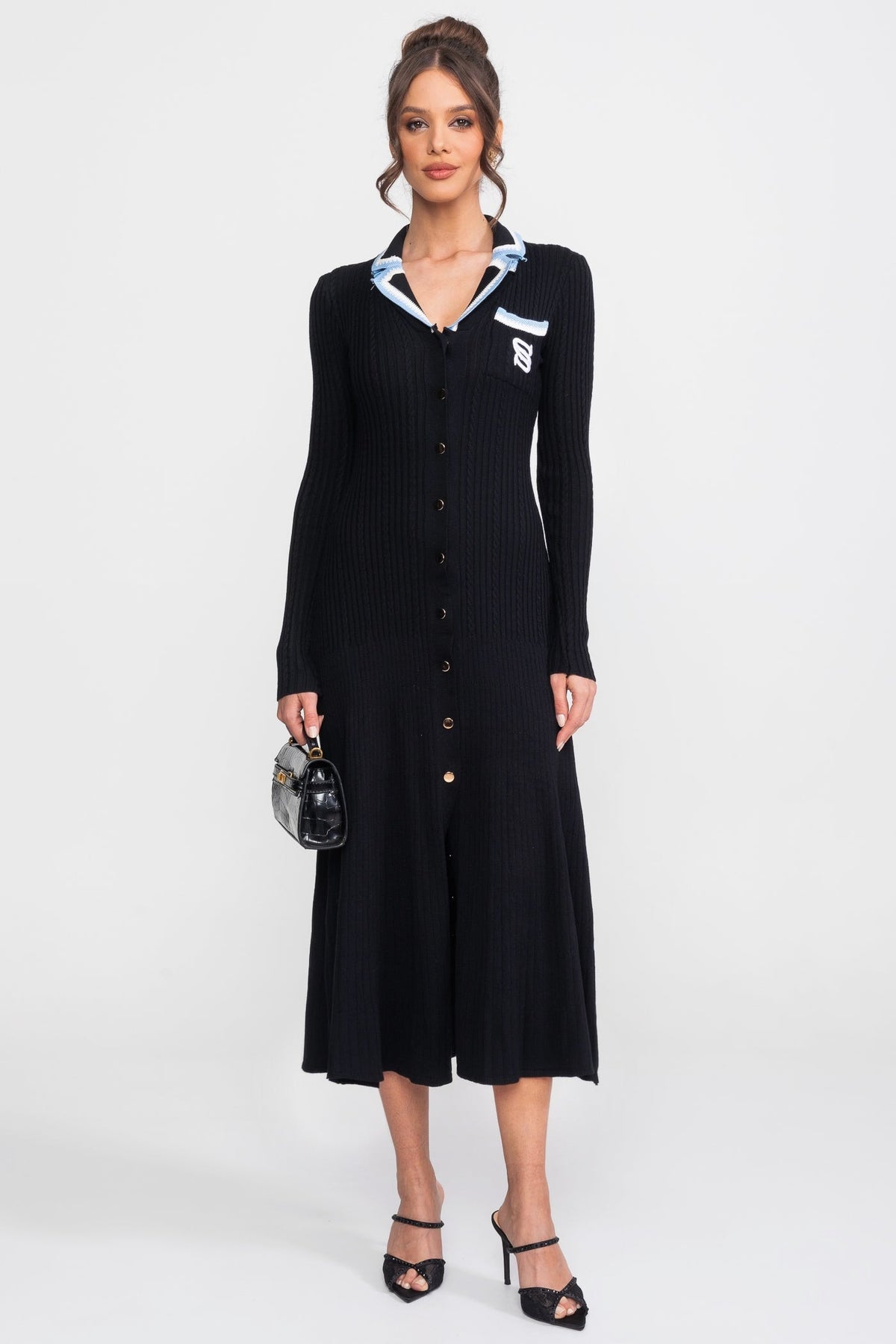 Ribbed Knit Polo Collar Long Sleeve Midi Dress with Monogram Pocket – Black – view 2