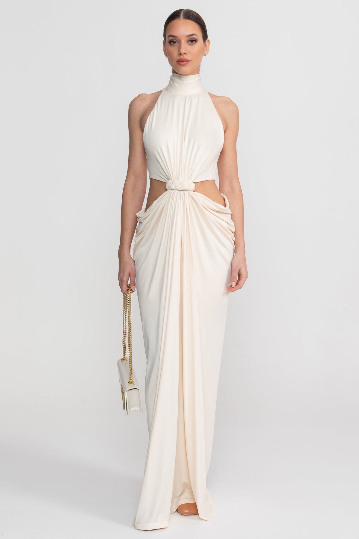 High Neck Halter Jersey Maxi Dress with Knotted Cut-Out Waist – Ivory – view 1