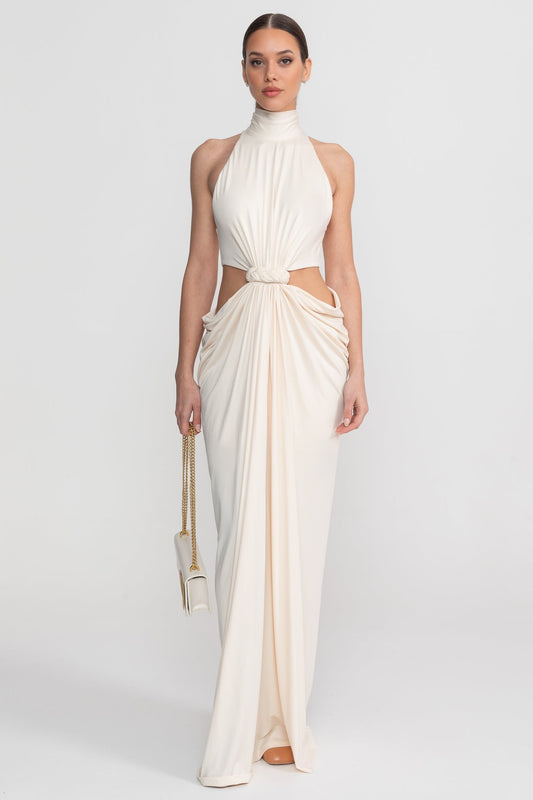 High Neck Halter Jersey Maxi Dress with Knotted Cut-Out Waist – Ivory