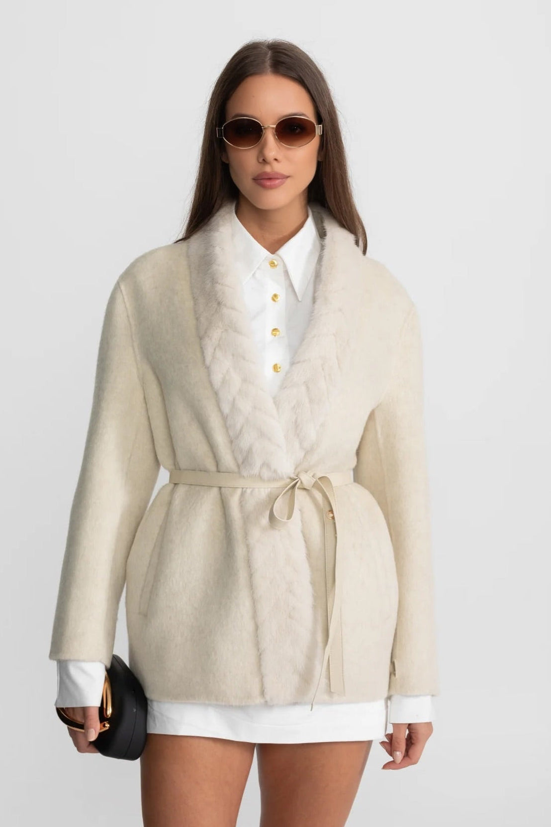 Wool and Alpaca Cocoon Jacket with Shawl Collar and Leather Belt – Ivoire – view 2