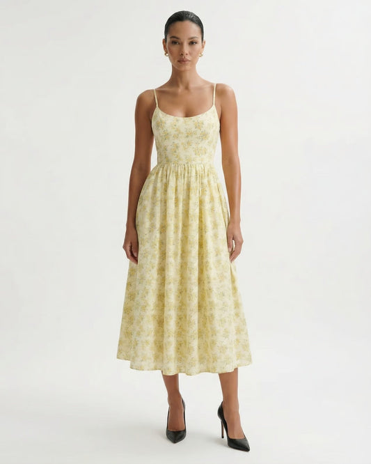 Mira Border Detail Cotton Blend Printed Dress – Yellow Floral