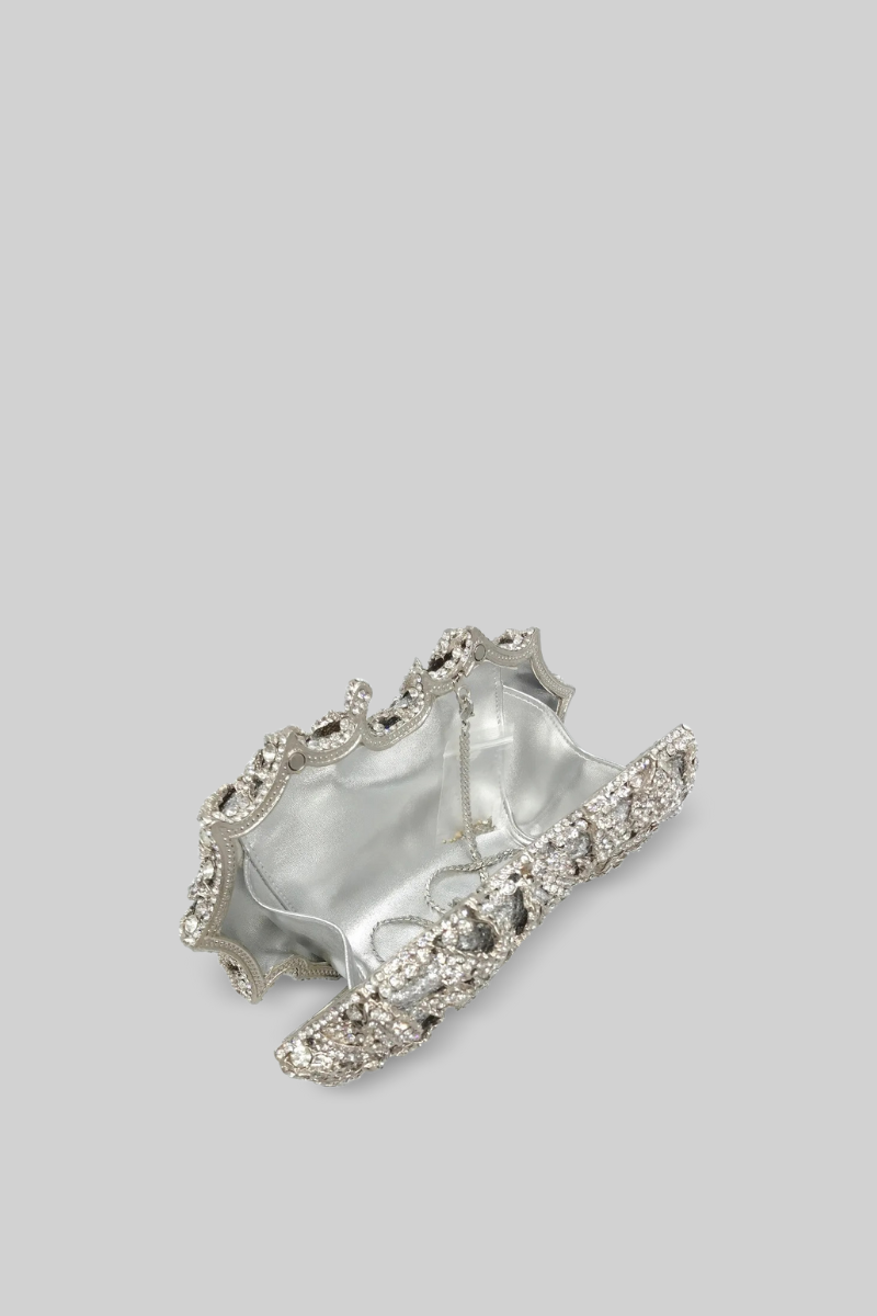 Crystal Embellished Clutch Bag with Chain Strap – Silver – view 5
