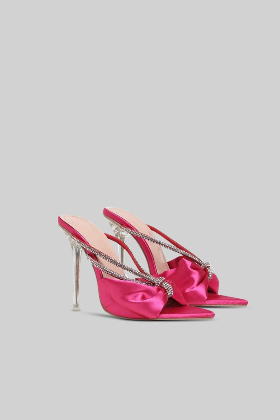 Embellished Satin Ribbon Sandals with Transparent 11cm Heel – Fuchsia – view 1
