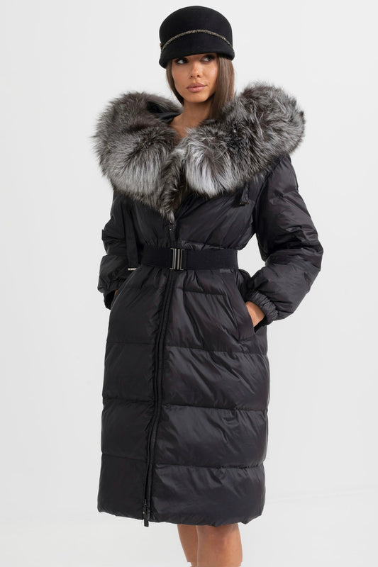 Long Duck Down Puffer Jacket with Grey Lined Hood – Black