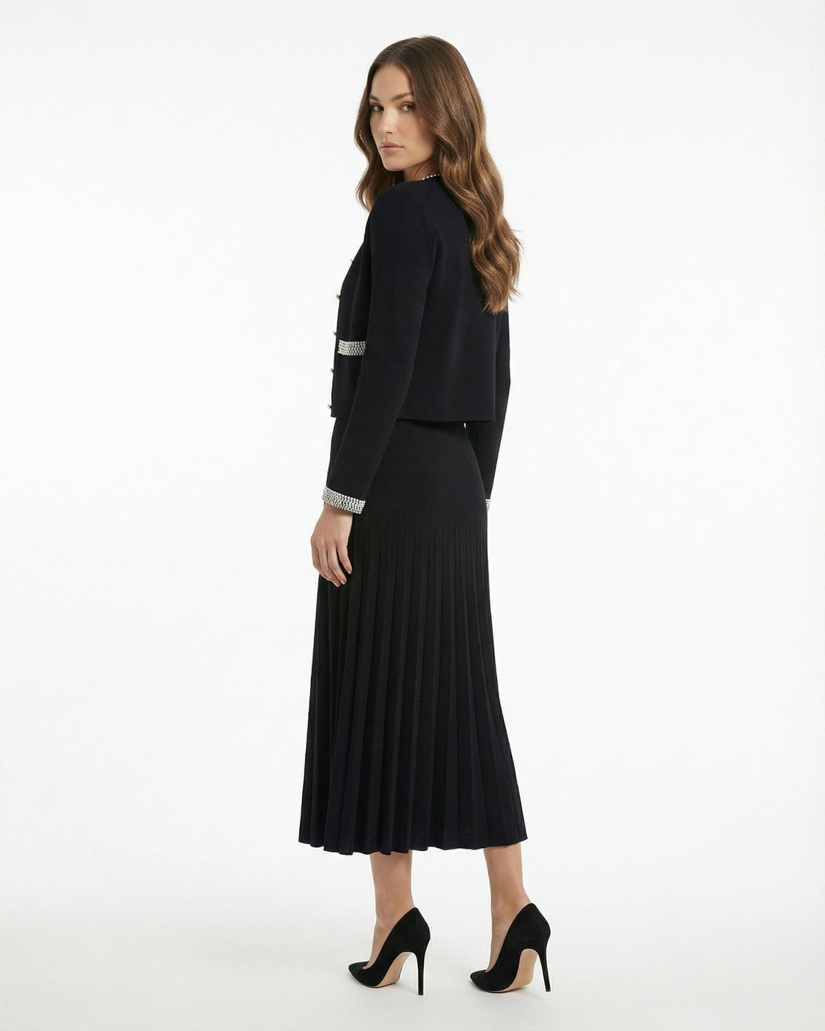 Lina Pearl Stud Knit Cardigan and Dress Two-Piece Set – Black – view 4