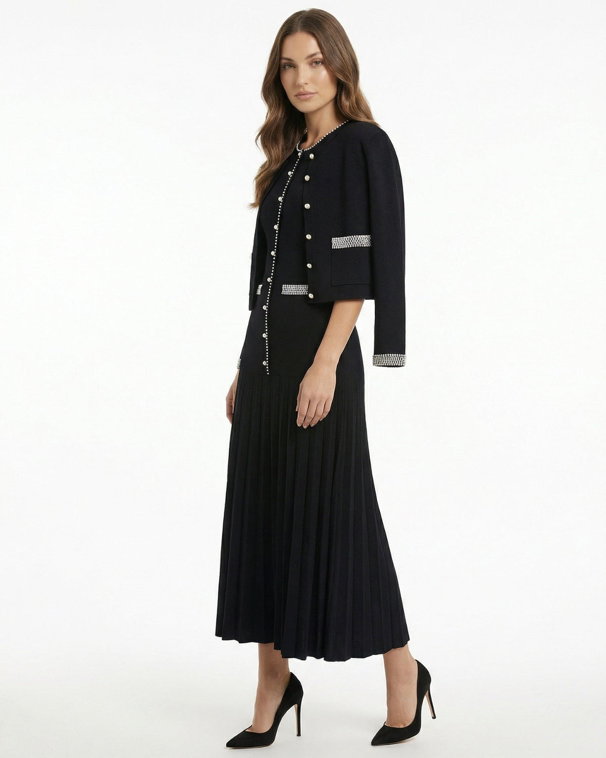 Lina Pearl Stud Knit Cardigan and Dress Two-Piece Set – Black – view 5