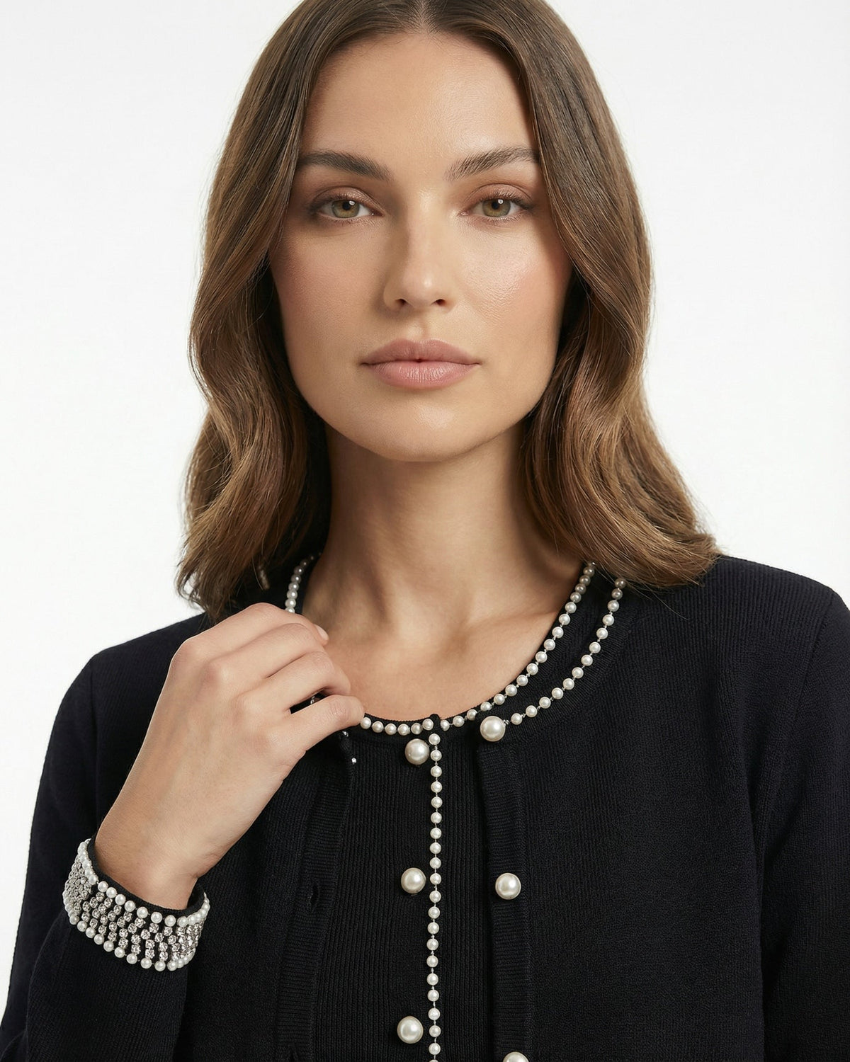 Lina Pearl Stud Knit Cardigan and Dress Two-Piece Set – Black