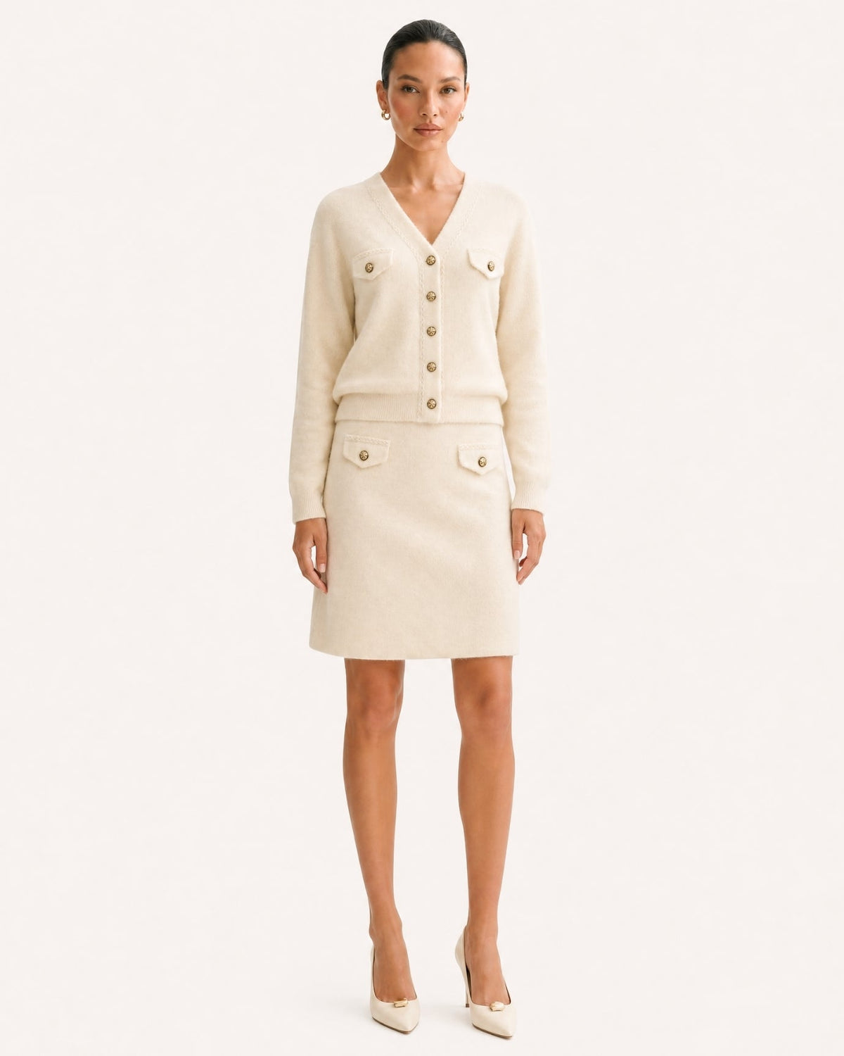 Jacquard Colour Block Long Sleeve Knit Cardigan and Skirt Set – view 7