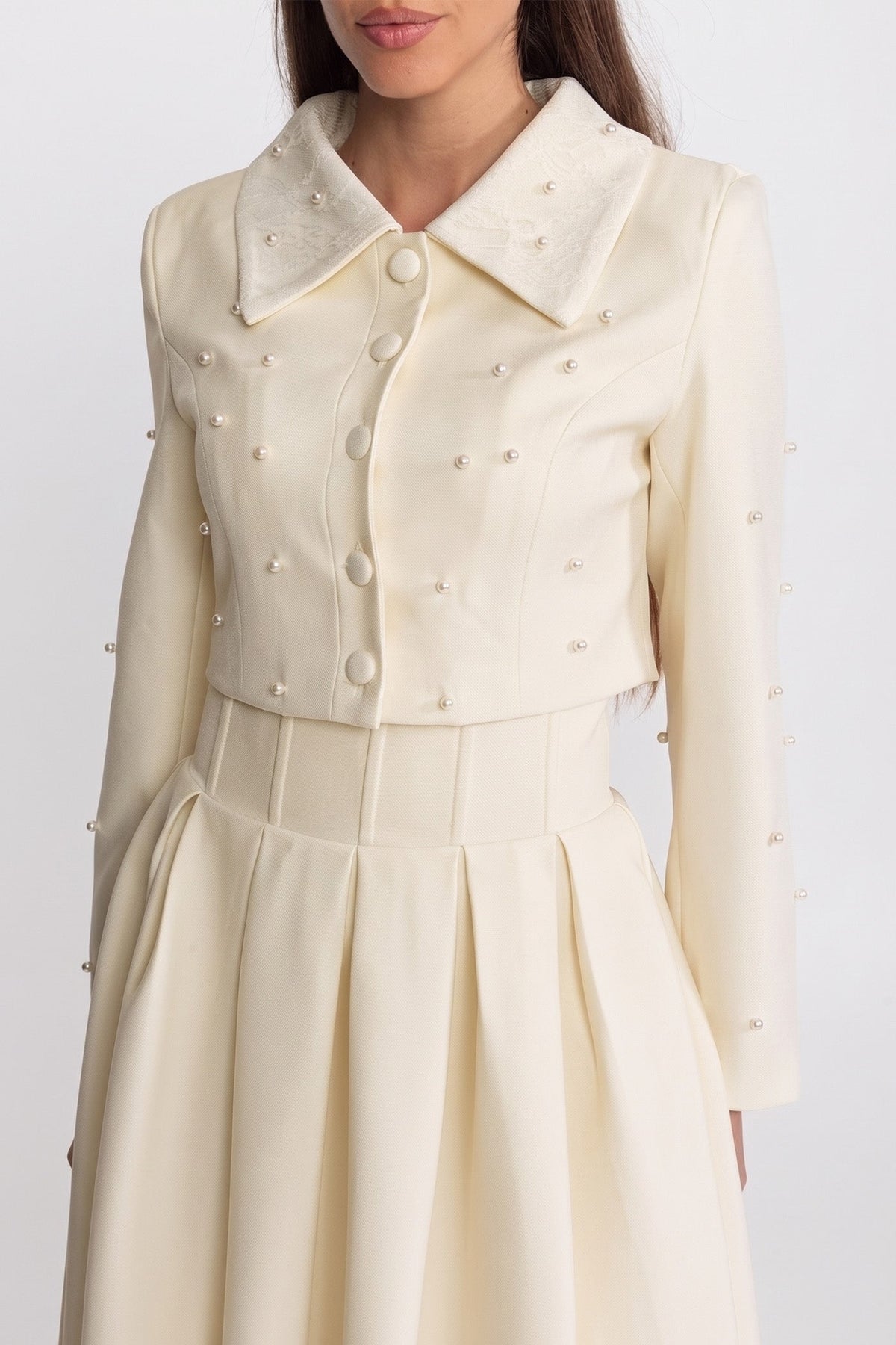 Pearl Embellished Cropped Jacket and Pleated Midi Skirt Set – Ivory – view 4