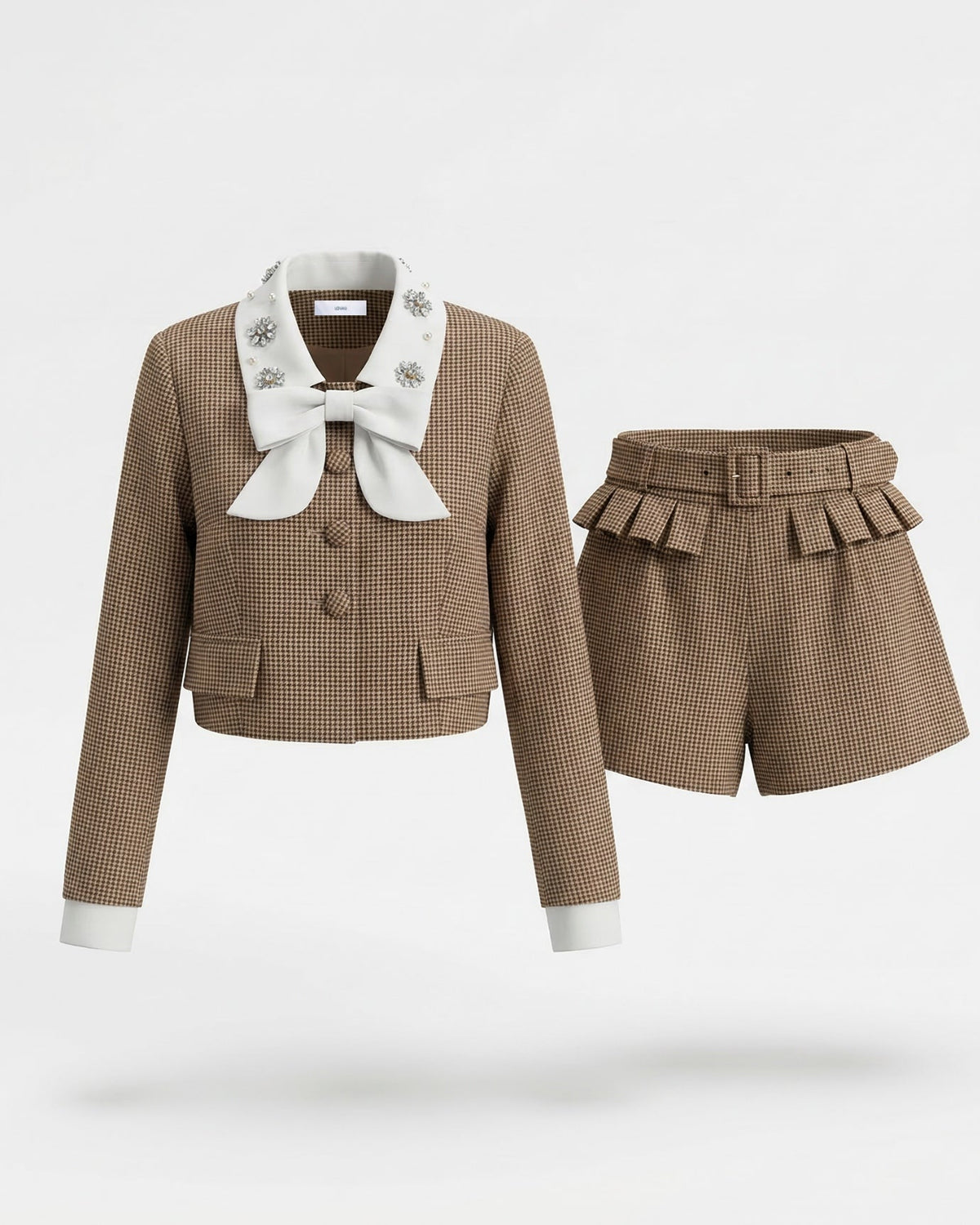Cotton Jacket and Shorts Three-Piece Set with Belt – Khaki – view 1